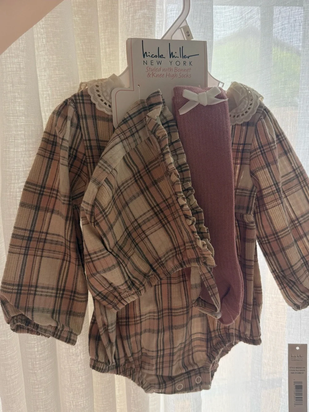 Nicole Miller New York Plaid Baby Romper with Knee High Socks - Pink/Tan